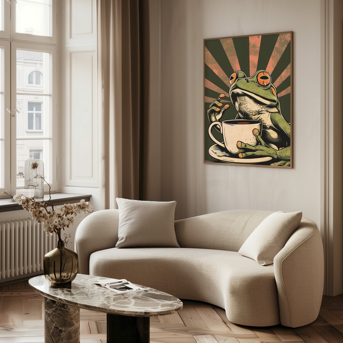 Retro Green Frog Sipping Tea Pop Art Sunburst Vintage Humor Poster - Image 5