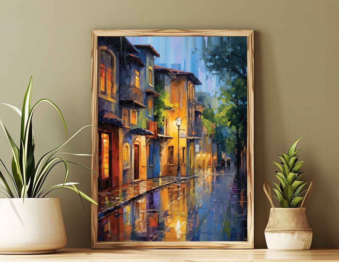 Rainy European Street Night Oil Painting Wet Cobblestone Art Poster