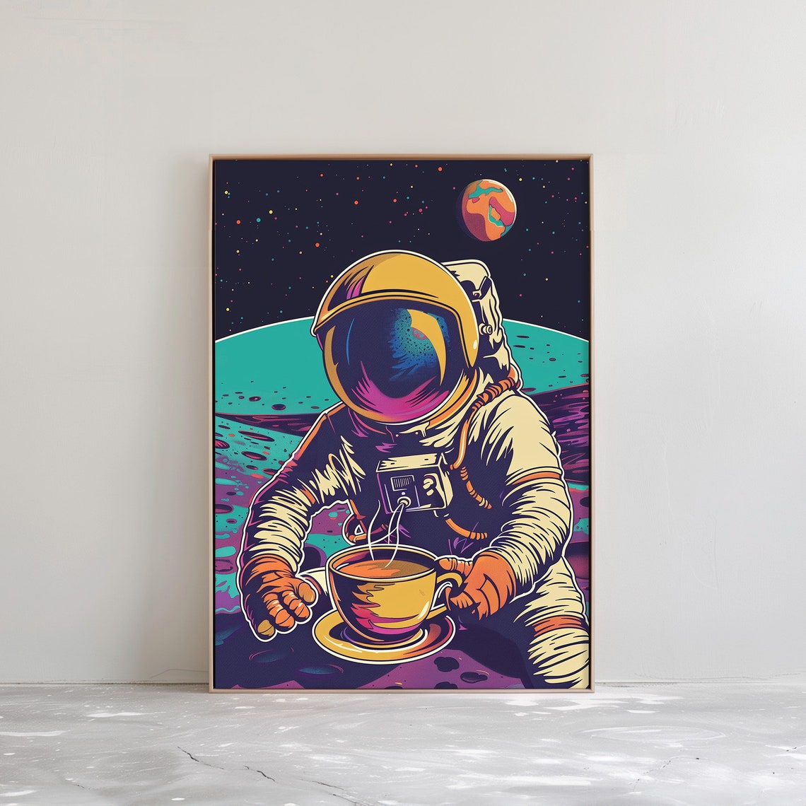 Astronaut Drinking Coffee on the Moon Retro Pop Art Space Poster