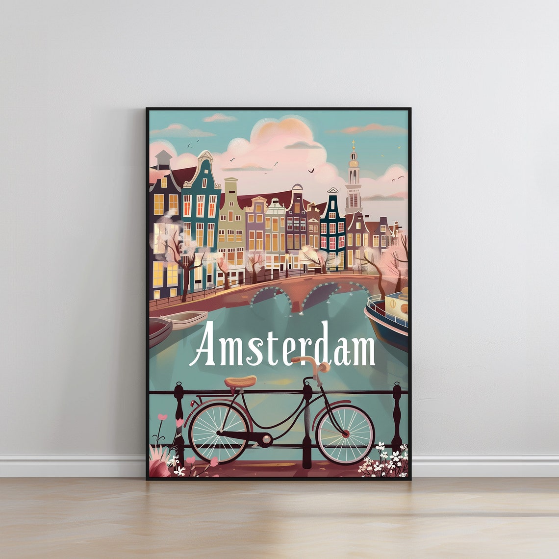 Amsterdam Netherlands Canal Bicycle Bridge Vintage Travel Poster - Image 3