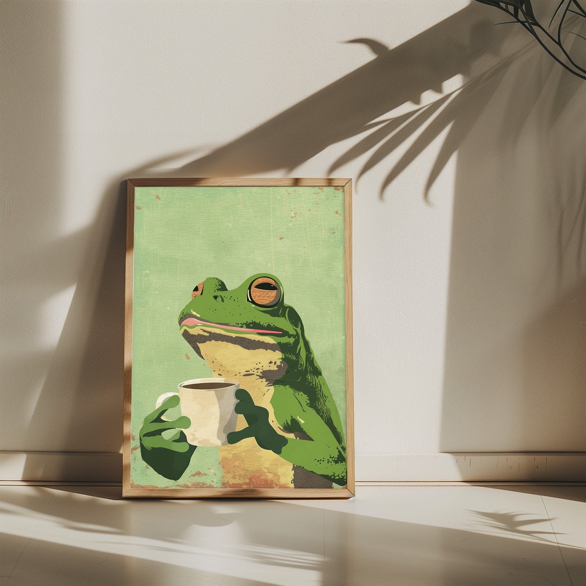 Funny Green Frog Holding Coffee Cup Vintage Retro Humor Poster - Image 2