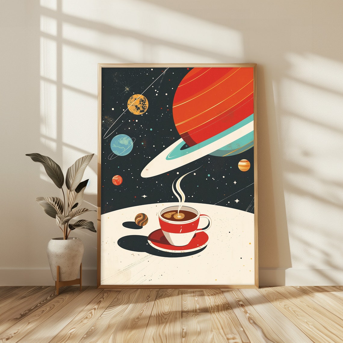 Cosmic Coffee Cup Among Saturn Planets Retro Space Kitchen Poster - Image 2