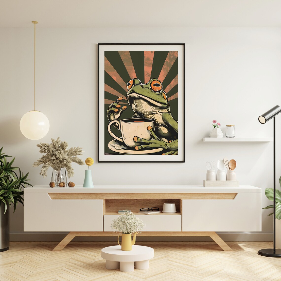 Retro Green Frog Sipping Tea Pop Art Sunburst Vintage Humor Poster - Image 2