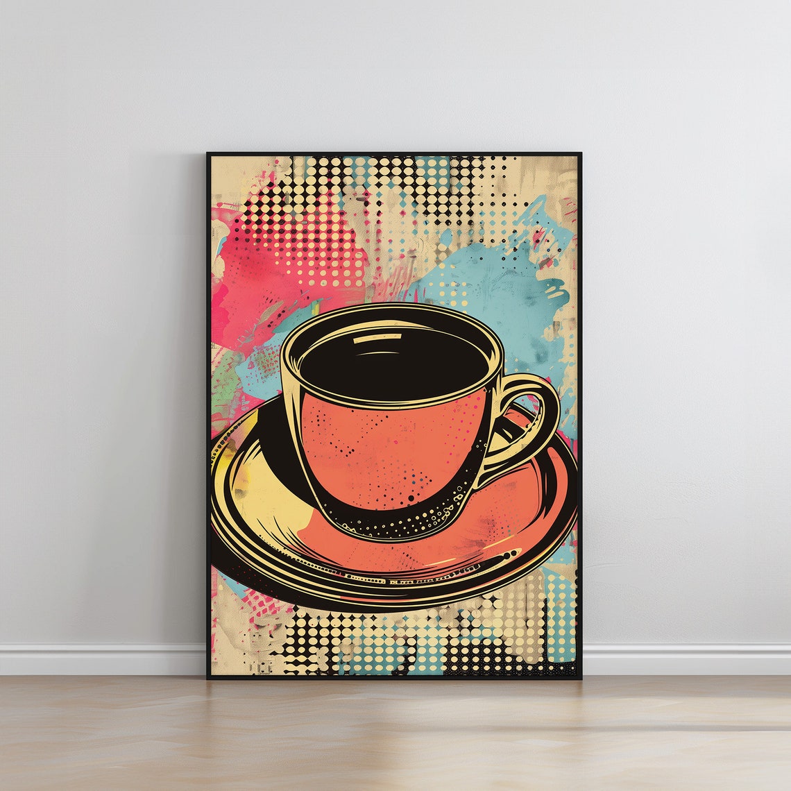 Bold Pop Art Coral Coffee Cup on Halftone Dot Background Poster - Image 3