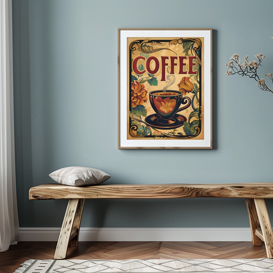 Vintage Coffee Art Nouveau Floral Teacup Kitchen Wall Poster - Image 3
