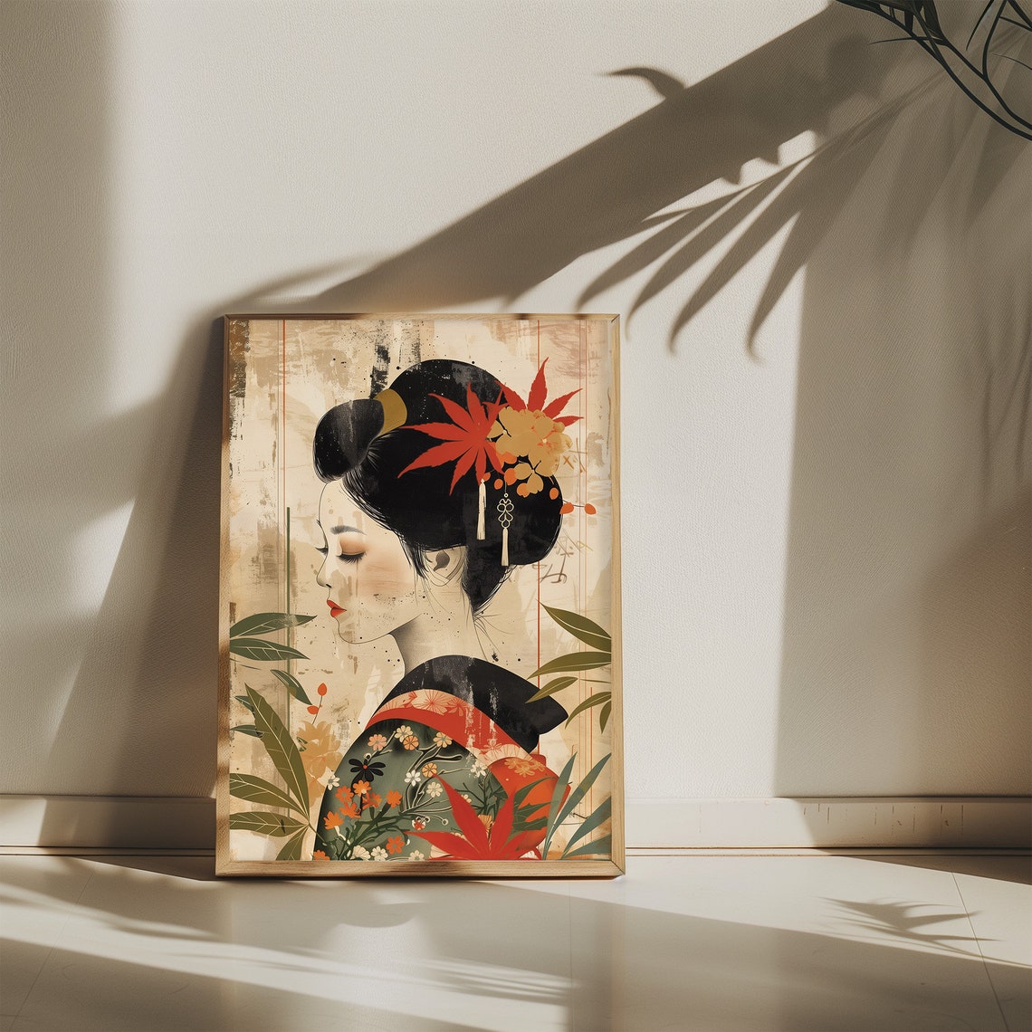 Japanese Geisha Portrait with Maple Leaves Kimono Art Poster - Image 5