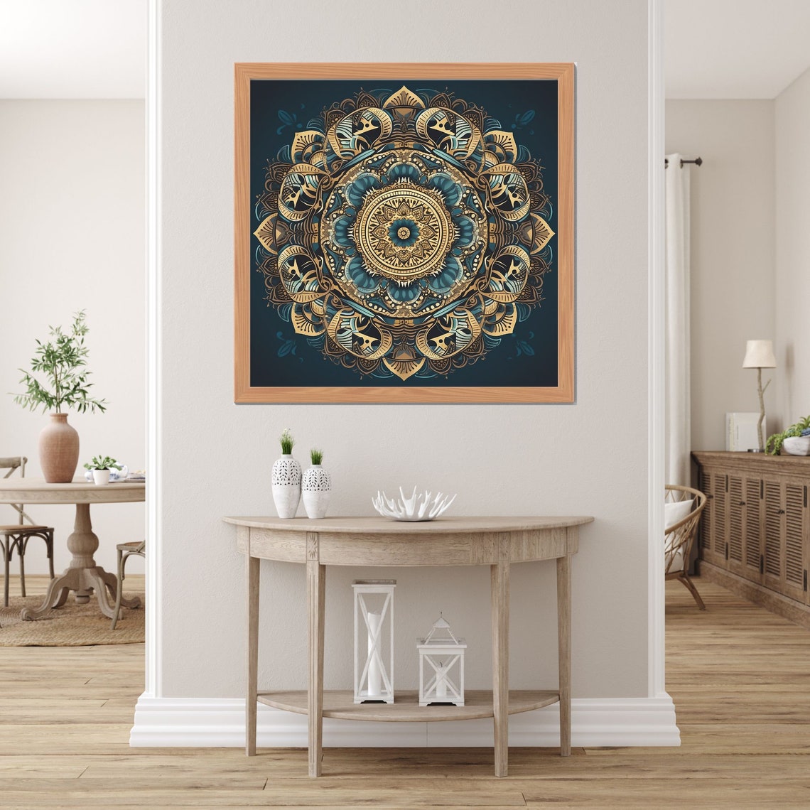 Gold and Teal Ornate Mandala Navy Background Meditation Wall Art - Image 2