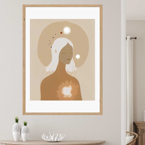 Minimalist Boho Woman Portrait in Warm Beige Tones with Sun Poster