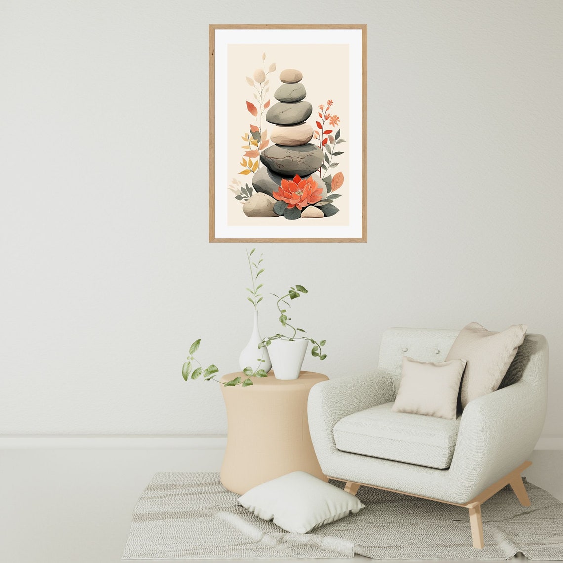 Warm Stacked Zen Stone Tower With Orange Lotus Botanical Poster - Image 2
