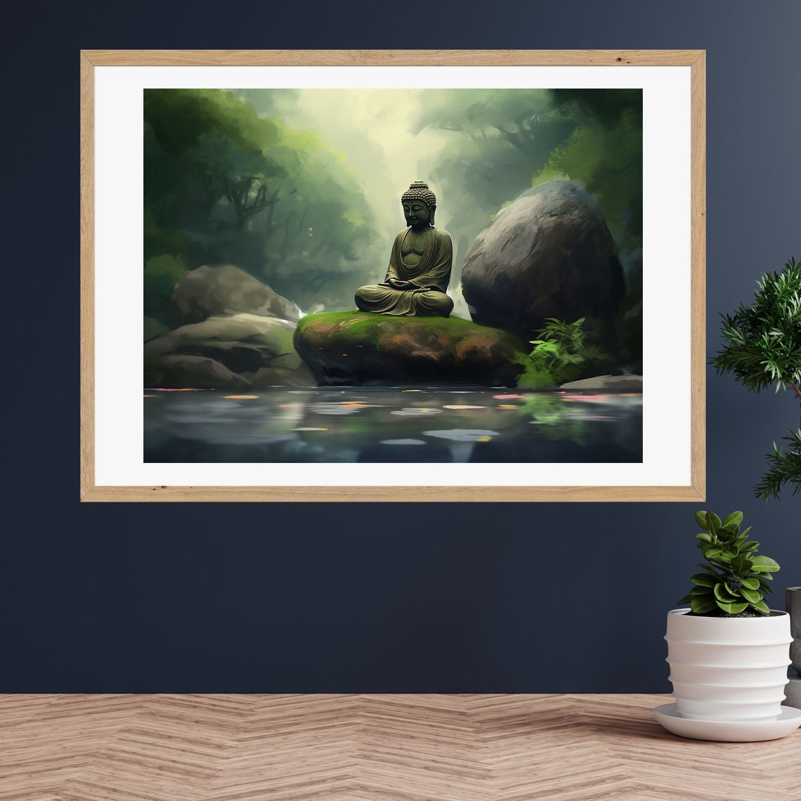 Buddha Meditating on a Mossy Rock by a Still Forest Pond Poster