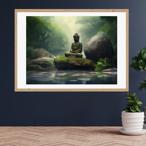 Buddha Meditating on a Mossy Rock by a Still Forest Pond Poster