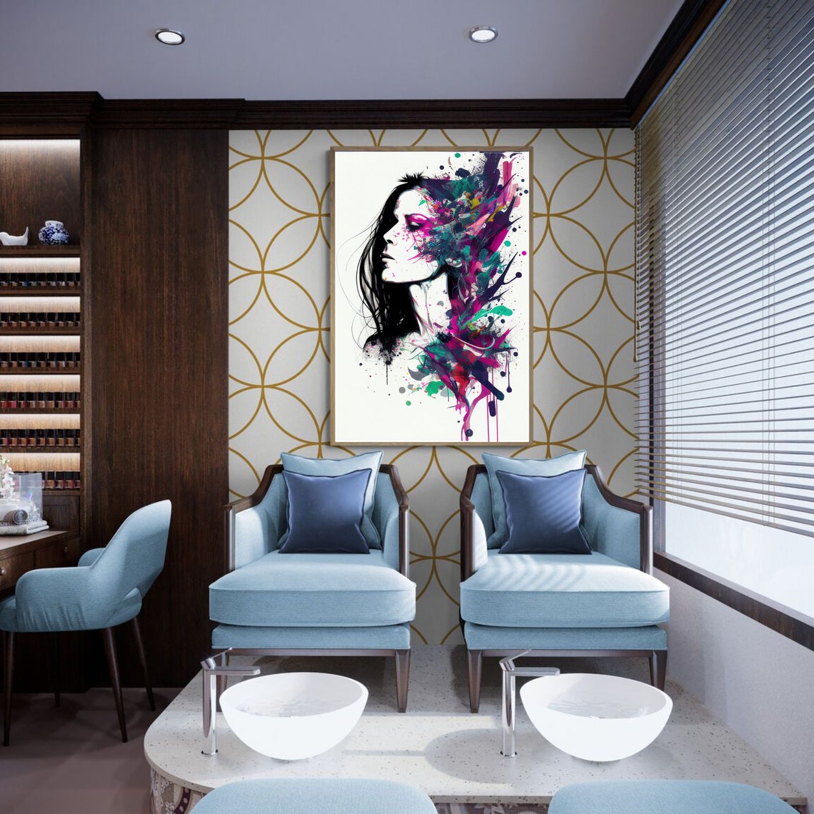 Woman Profile Dissolving into Vivid Magenta Paint Splashes Poster - Image 2