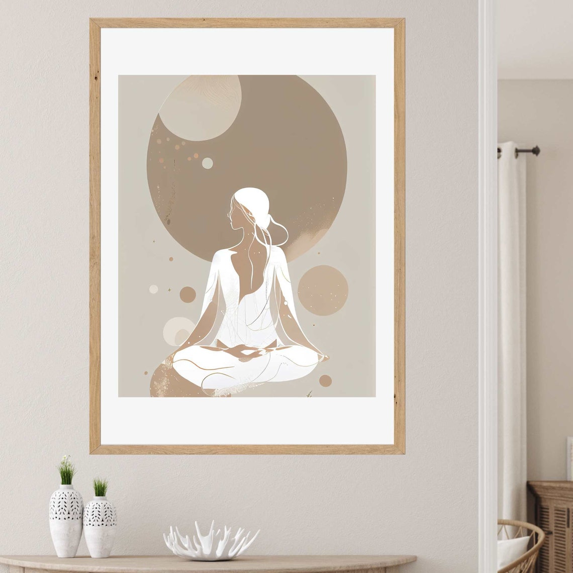 Minimalist Line Art Woman Meditating Under Moons Beige Wall Art