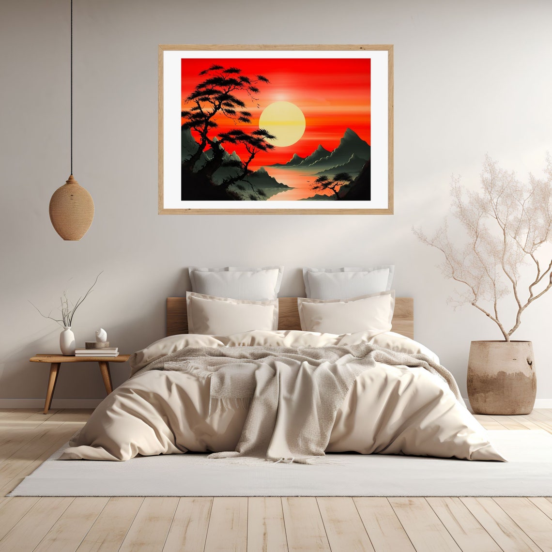 Giant Red Sun Rising Over Asian Mountains and a Still Lake Poster - Image 3