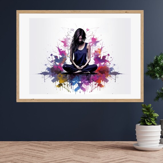 Meditating Woman in Lotus Pose Amid Watercolor Splashes Poster