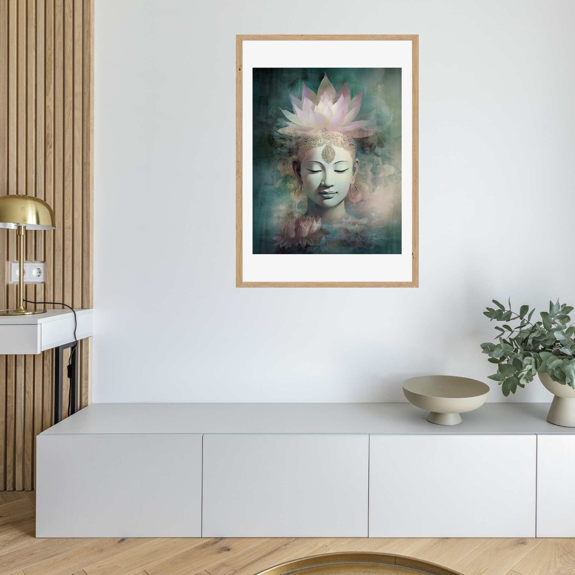 Divine Feminine Face With Ethereal Lotus Crown Misty Teal Wall Art - Image 3