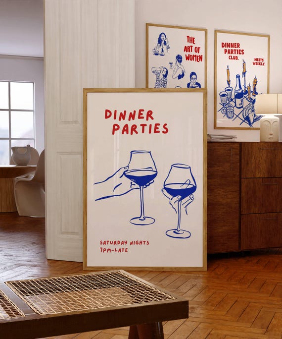 Dinner Party Poster Happy Hour Wall Art Dinner Party Club Print Retro Bar Cart Art Trendy Kitchen Print Bar Cart Accessories Bar Print