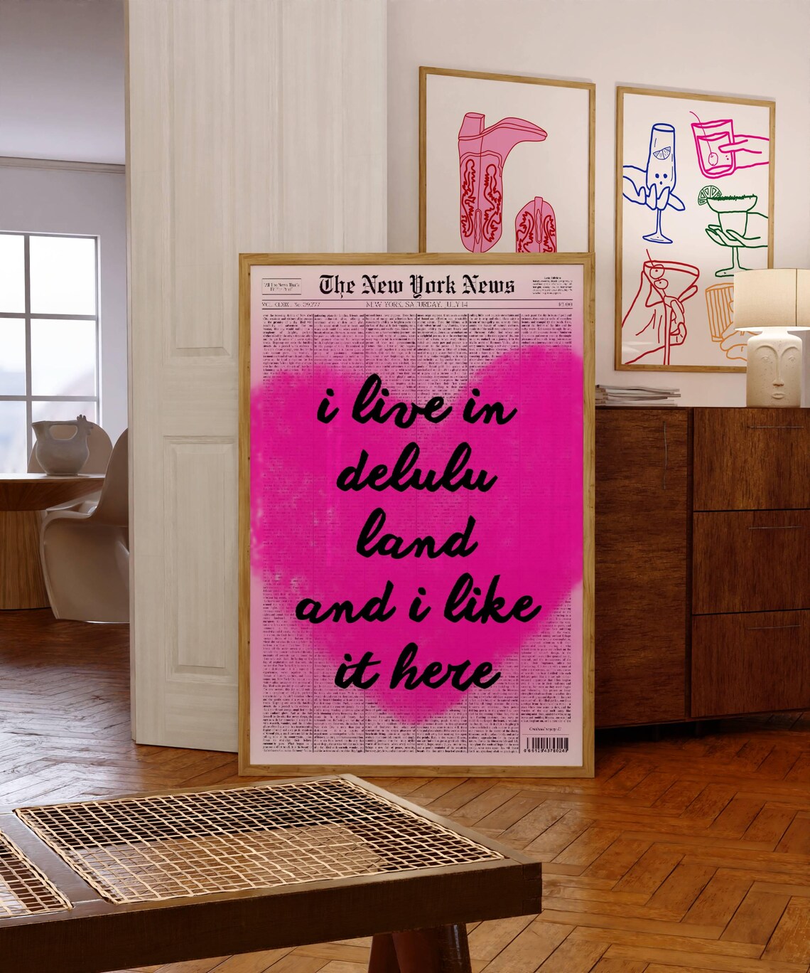 I Live in Delulu Land Funny Trendy Pink Newspaper Quote Art Poster