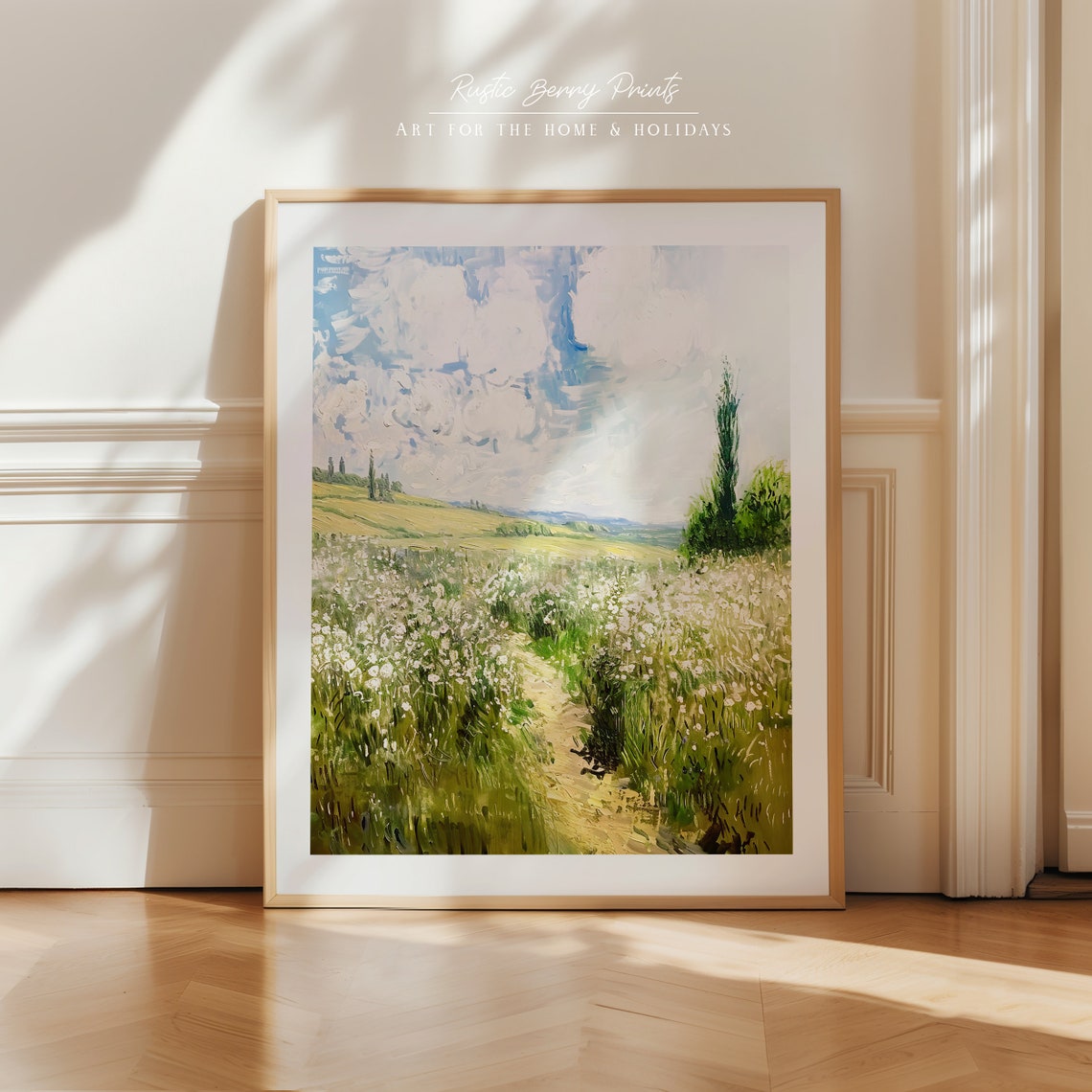 White Wildflower Meadow Winding Path Cypress Trees Blue Sky Art Poster