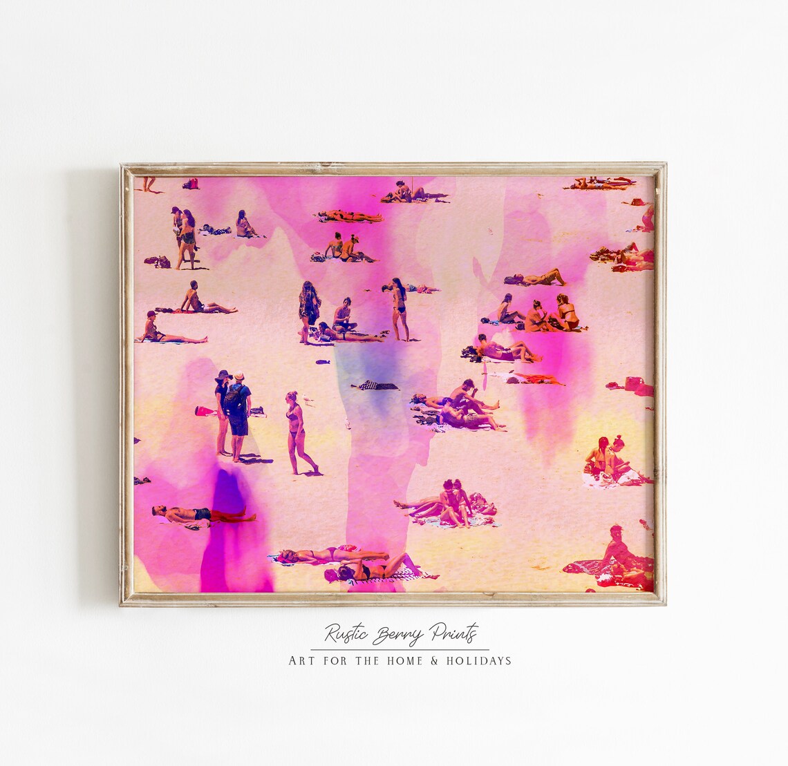 Pink Aerial Beach Crowd Sunbathers Summer Photography Print Poster