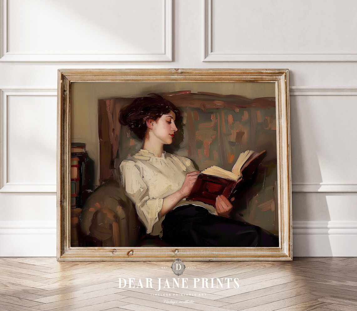 Dark Haired Woman Reading Large Book Vintage Armchair Library Poster - Image 2