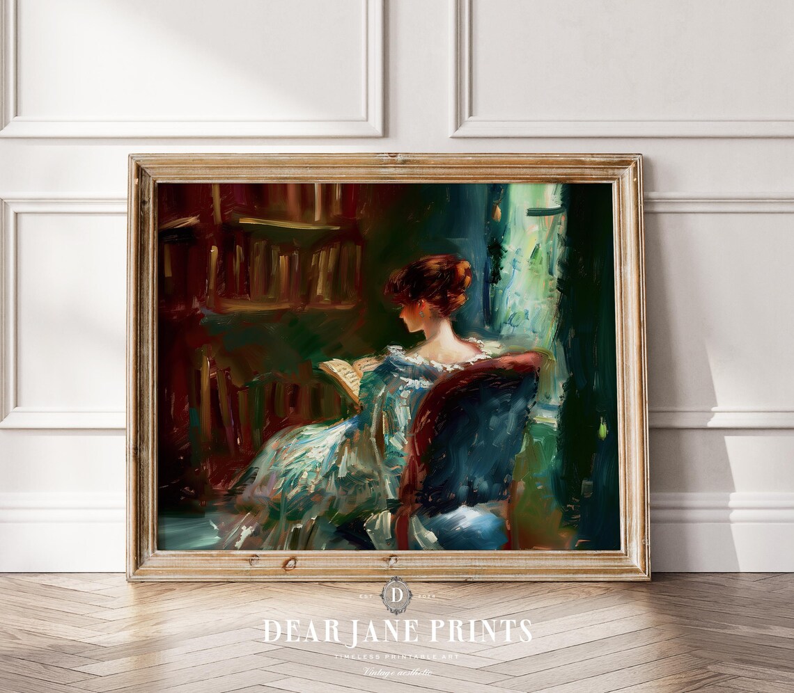 Woman Reading in Garden Library Teal Impressionist Vintage Art Poster