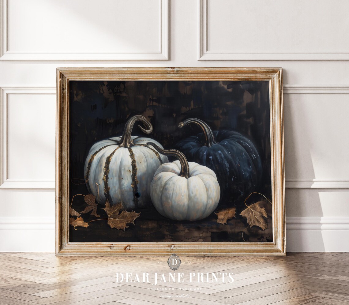 Blue and White Pumpkins Autumn Still Life Moody Fall Decor Wall Art