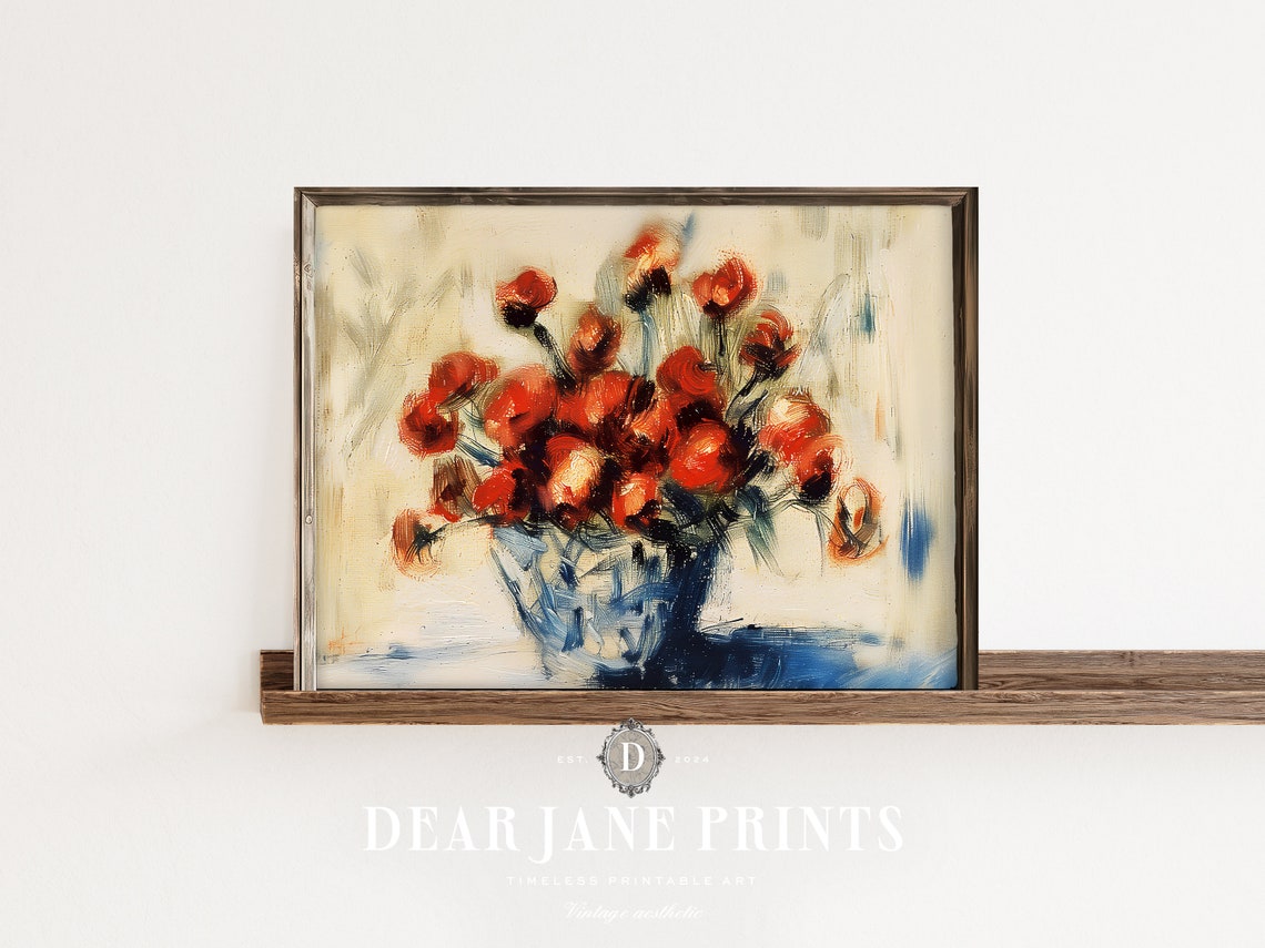 Red Poppies Blue Vase Impressionist Floral Painting Vintage Wall Art - Image 2
