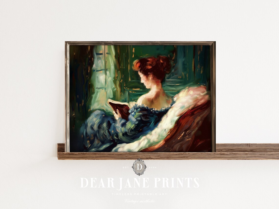 Elegant Woman Reading By Window Dark Green Interior Vintage Wall Art - Image 2