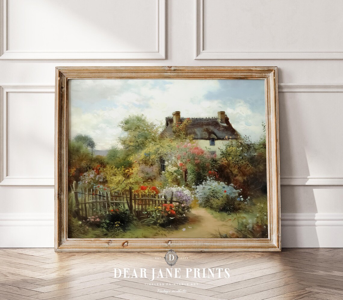Thatched Cottage Behind Picket Fence Lush Garden Vintage Scene Poster - Image 2