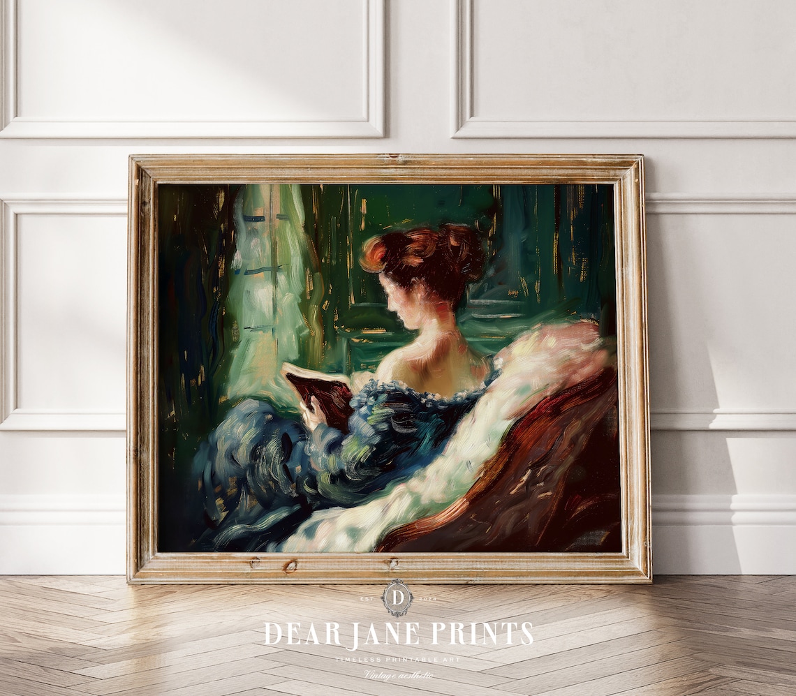 Elegant Woman Reading By Window Dark Green Interior Vintage Wall Art