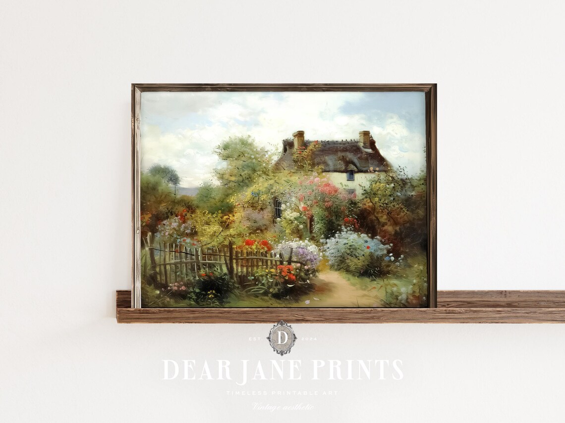 Thatched Cottage Behind Picket Fence Lush Garden Vintage Scene Poster