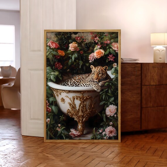 Leopard In Bathtub Print Cheetah Bathroom Poster Jungle Wall Art Pink Prints Animal Optional Frame