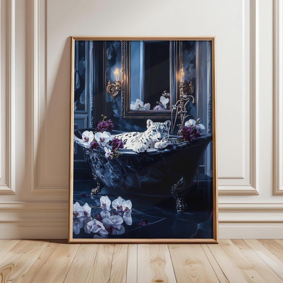 Snow Leopard Floral Bathtub Print Cheetah Bathroom Poster Luxury Wall Art Pink Prints Animal File