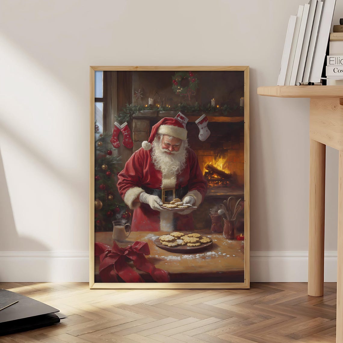 Santa Claus Baking Cookies Fireplace Vintage Christmas Poster