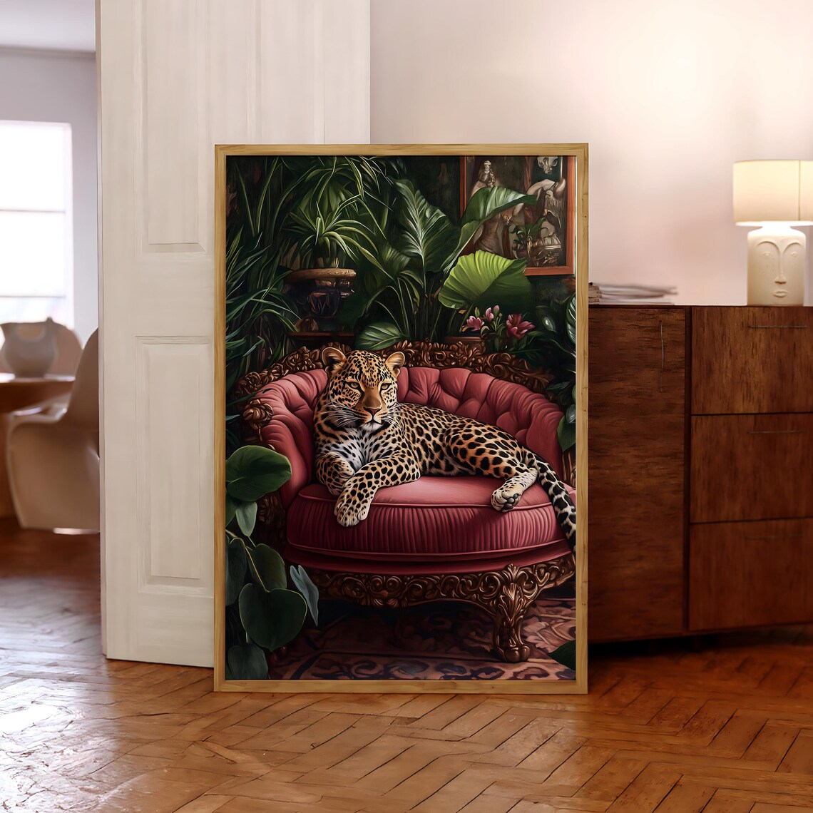 Leopard on Pink Sofa Poster, Maximalist Jungle Decor