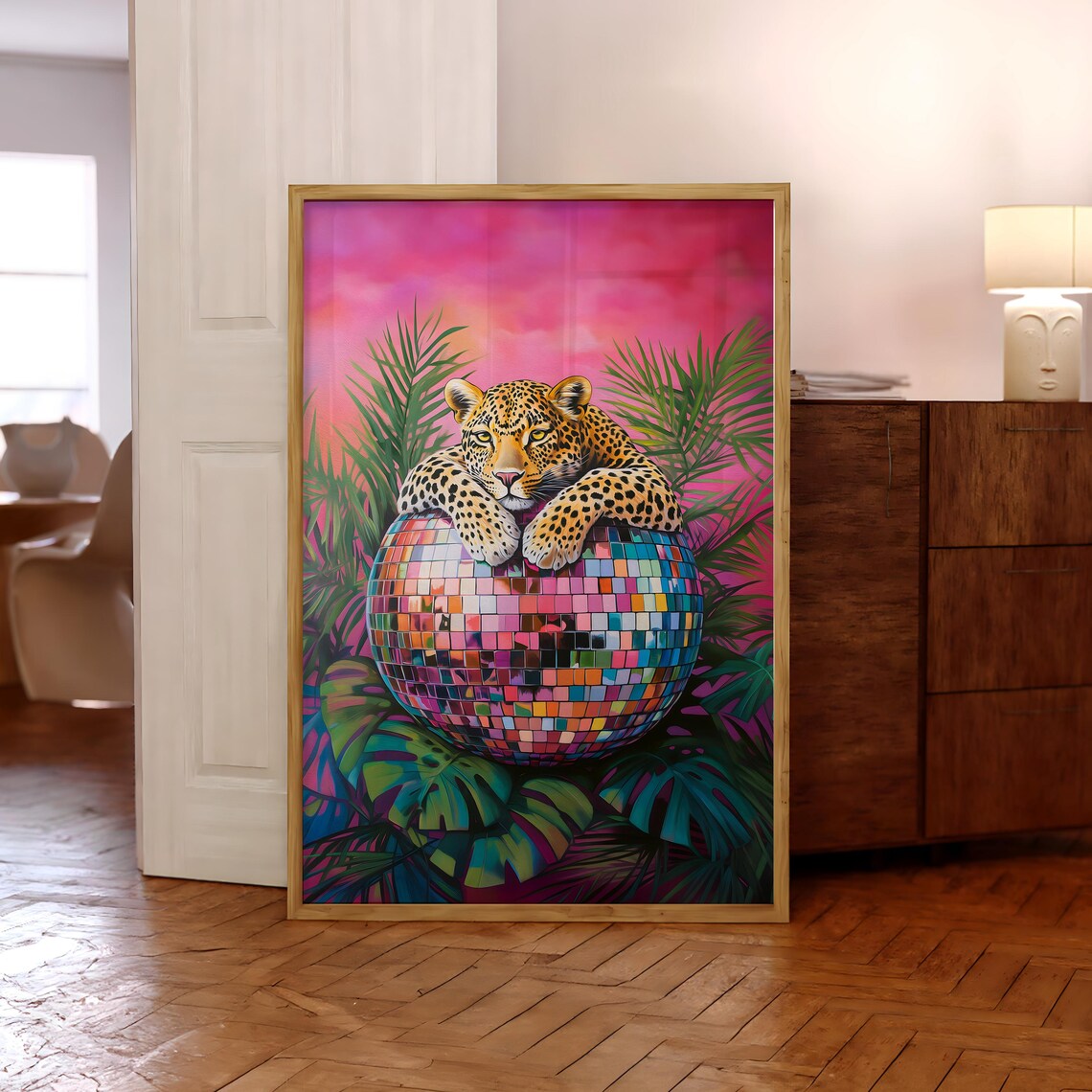 Leopard on Disco Ball Poster, Maximalist Jungle Decor
