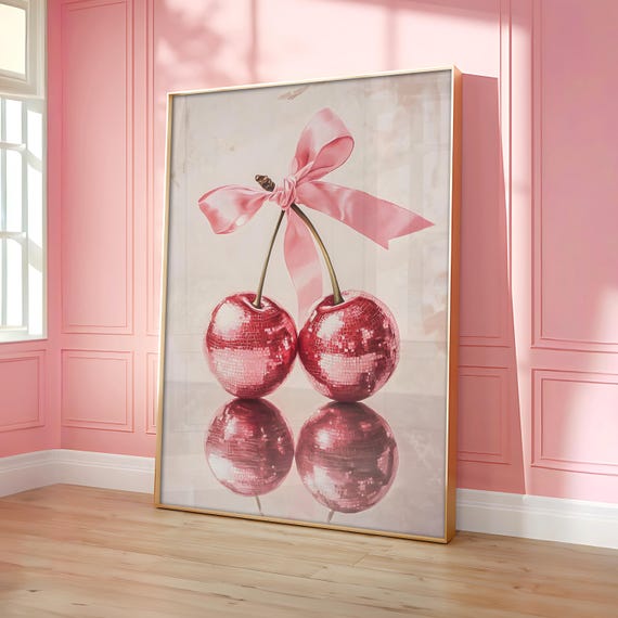 Cherry Disco Ball Wall Art Ribbon Mirrorball Print Poster Pink Girly Trendy Retro Prints Optional Frame