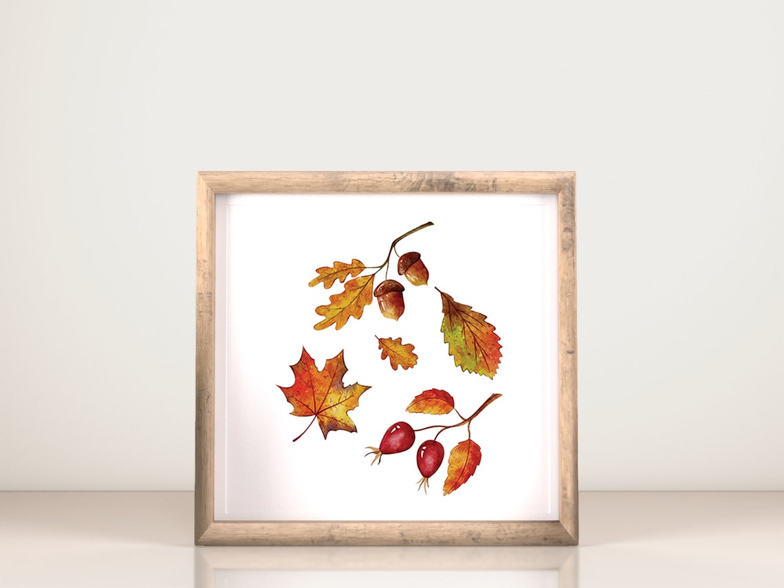 Fall Watercolor Leaves Maple Oak Rosehips Rustic Autumn Art Print - Image 3