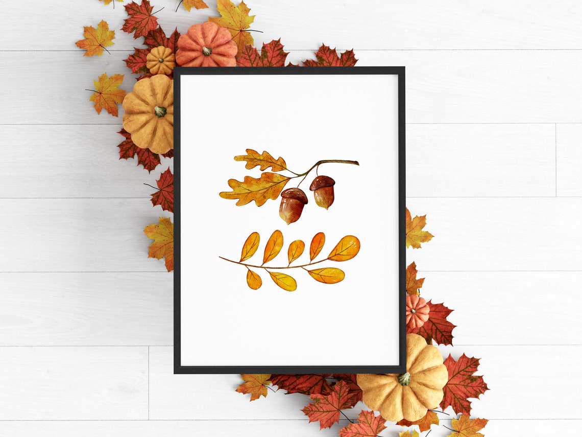 Autumn Botanical Watercolor Oak Leaves Acorns Fall Decor Art Print - Image 5