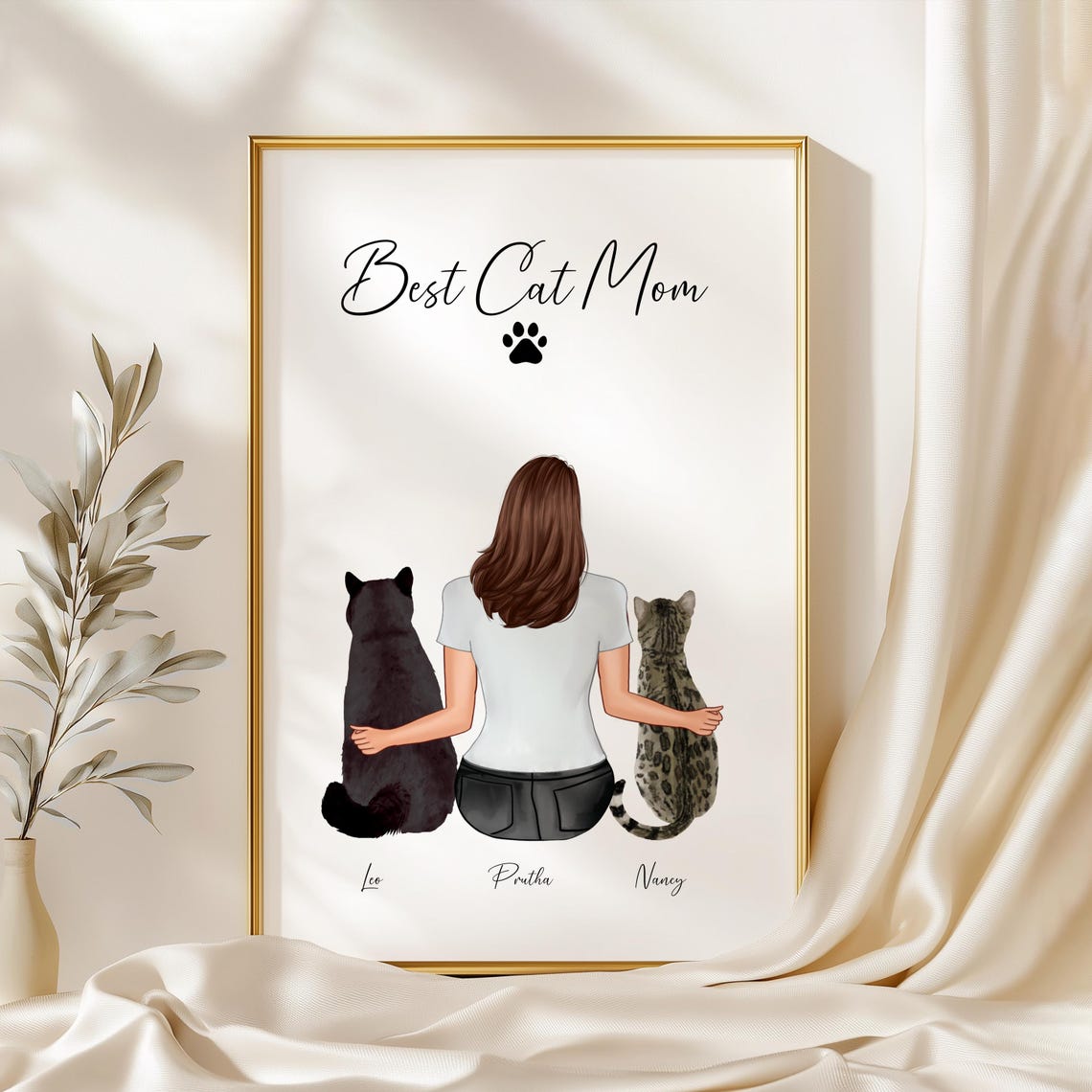 Best Cat Mom Print Girl with Two Cats Illustration Wall Decor