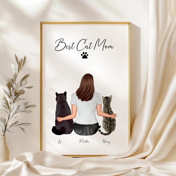 Best Cat Mom Print Girl with Two Cats Illustration Wall Decor