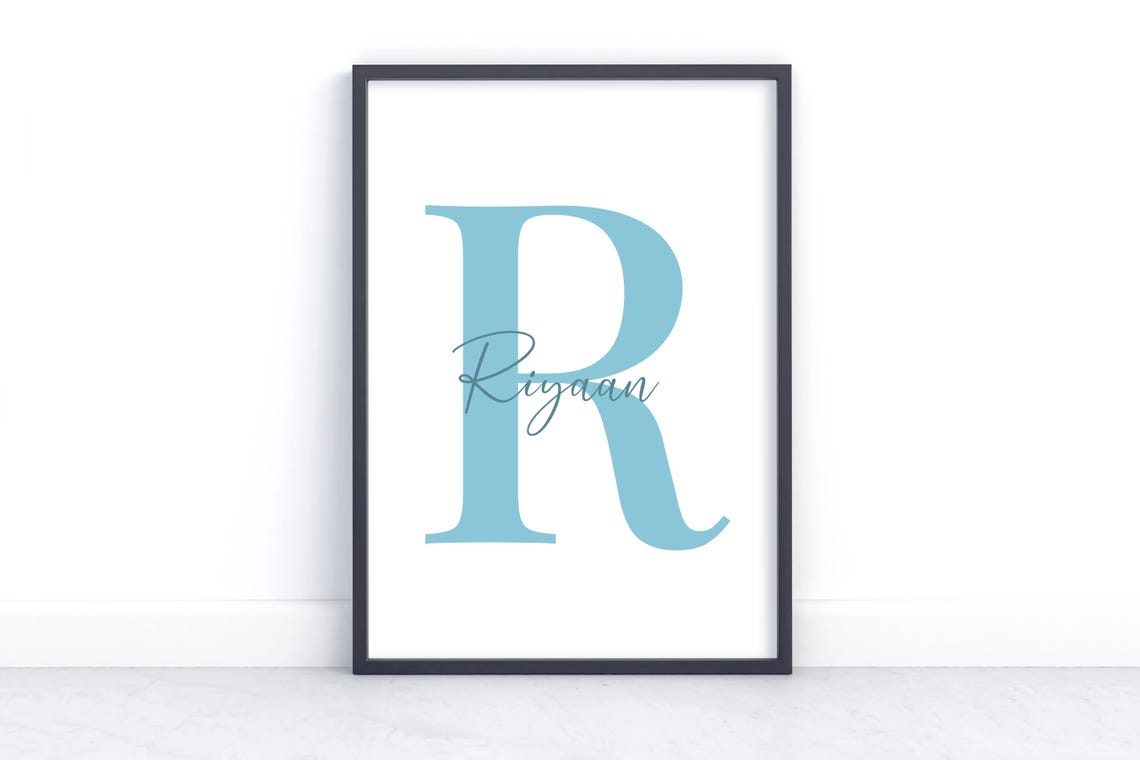 Personalized Riyaan Initial Letter R Nursery Poster in Soft Blue