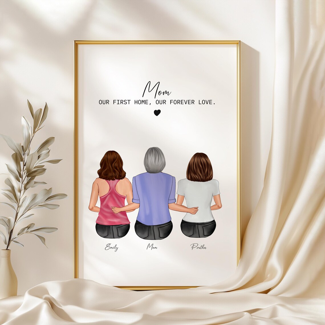 Personalized Mom and Daughters Illustration Print Our First Home