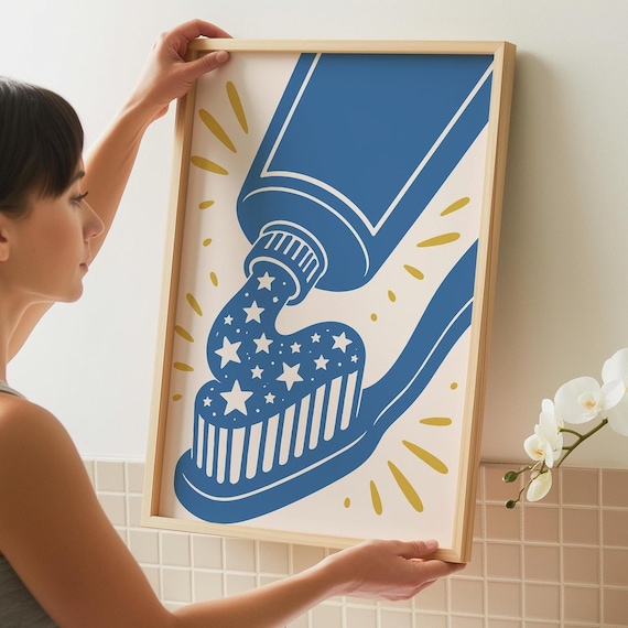 Toothpaste Cute Wall Art Bathroom Decor Blue Poster