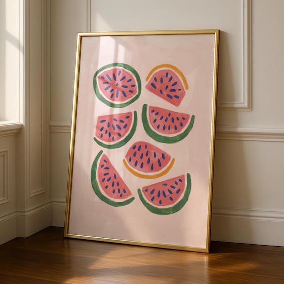 Colorful Watermelon Slices Hand Painted Pink Fruit Kitchen Wall Poster