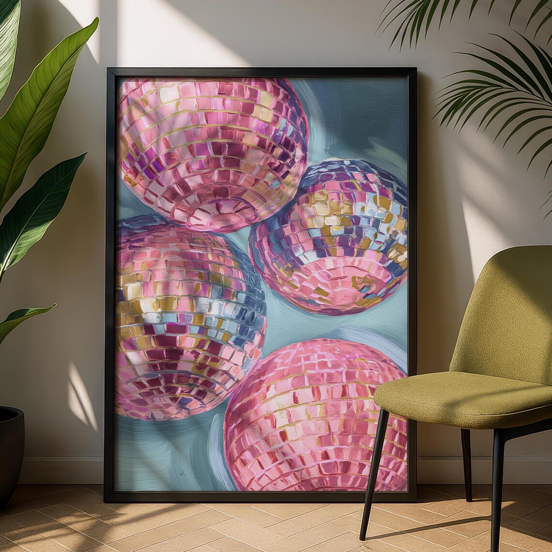 Pink Disco Ball Cluster Retro Party Oil Painting Glamour Art Poster
