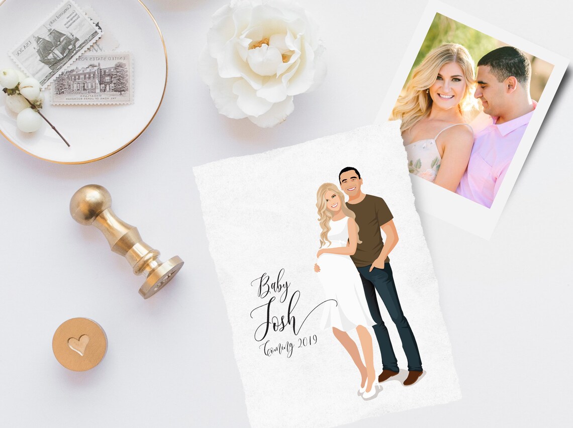 Custom Illustration Couples Portrait, Baby Shower Announcements