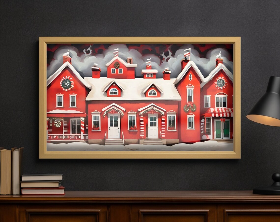 Folk Art Red Christmas House Snowy Roof Wreaths Holiday Poster
