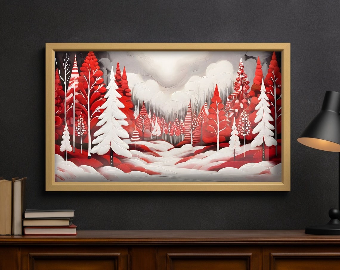 Folk Art Red White Winter Forest Snowy Trees Landscape Poster